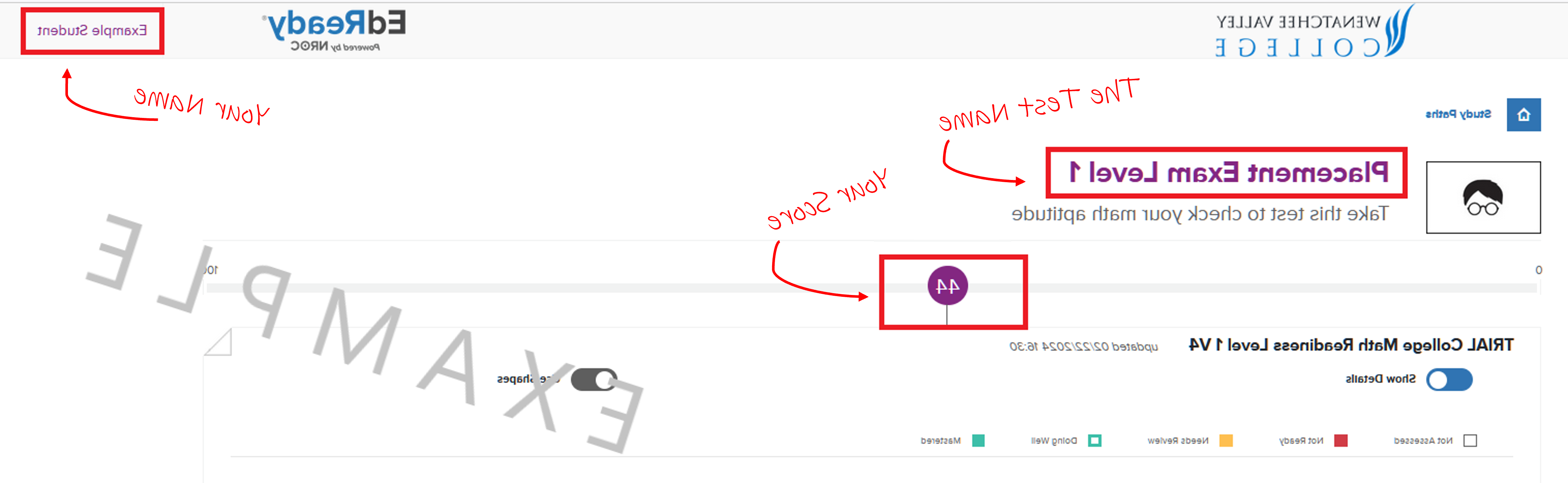 Example of score report 截图 showing a student's name, score, 和 the test level.